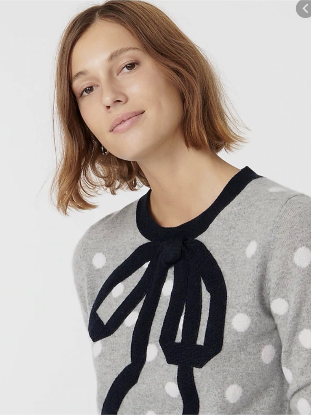 J.Crew 100% Cashmere Polka Dot Bow Sweater Gray Navy L Coquette - Picture 2 of 8